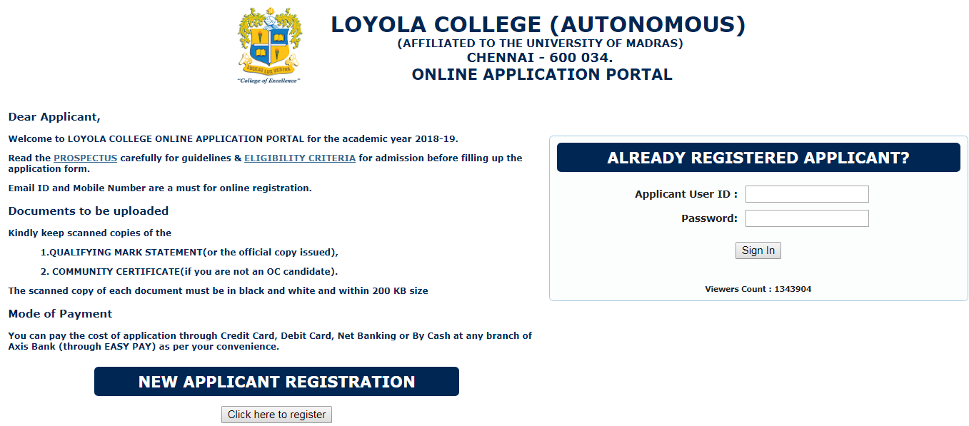 Loyola College Chennai Online Admission Form 2018-19 Login