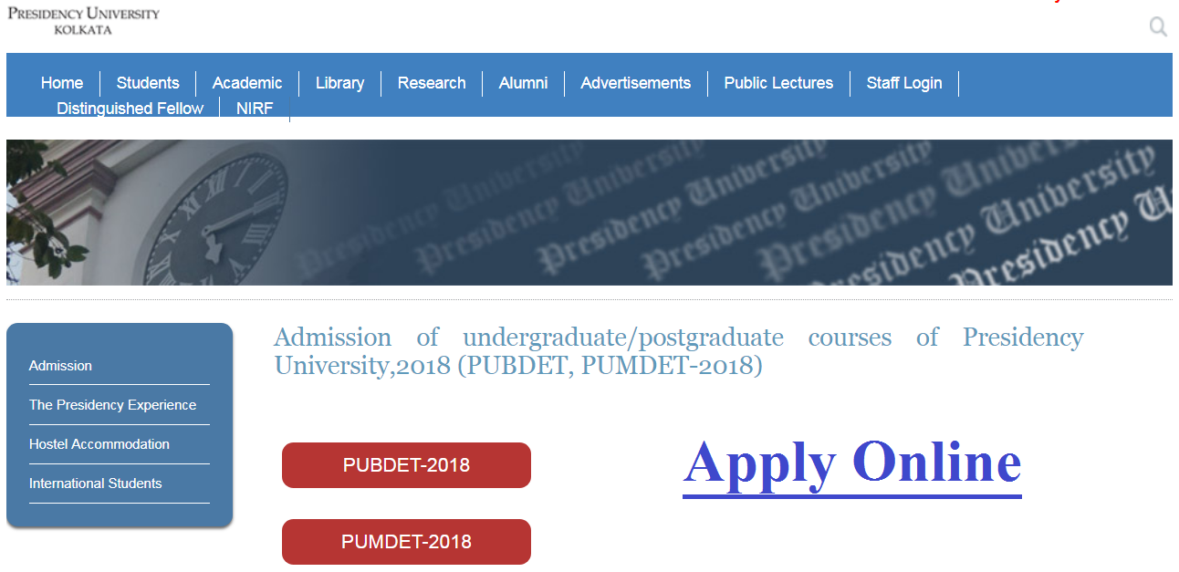 Presidency University Kolkata Admission 2018-19 Login - PUBDET PUMDET