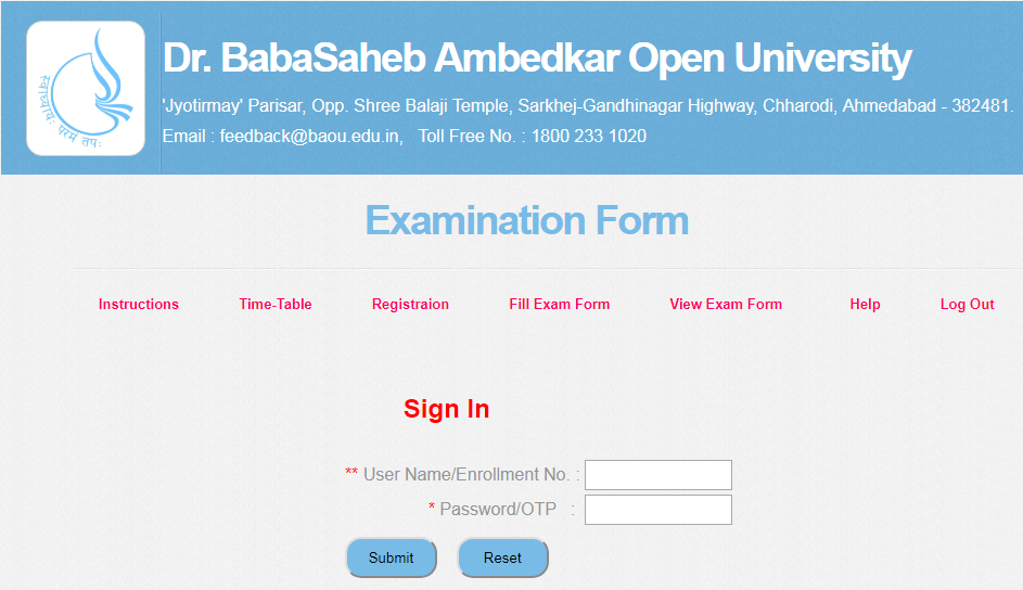 BAOU Exam Form - www.baou.edu.
