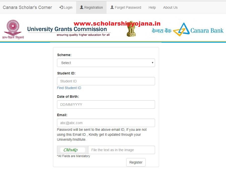 Canara Bank UGC Scholarship Portal Registration