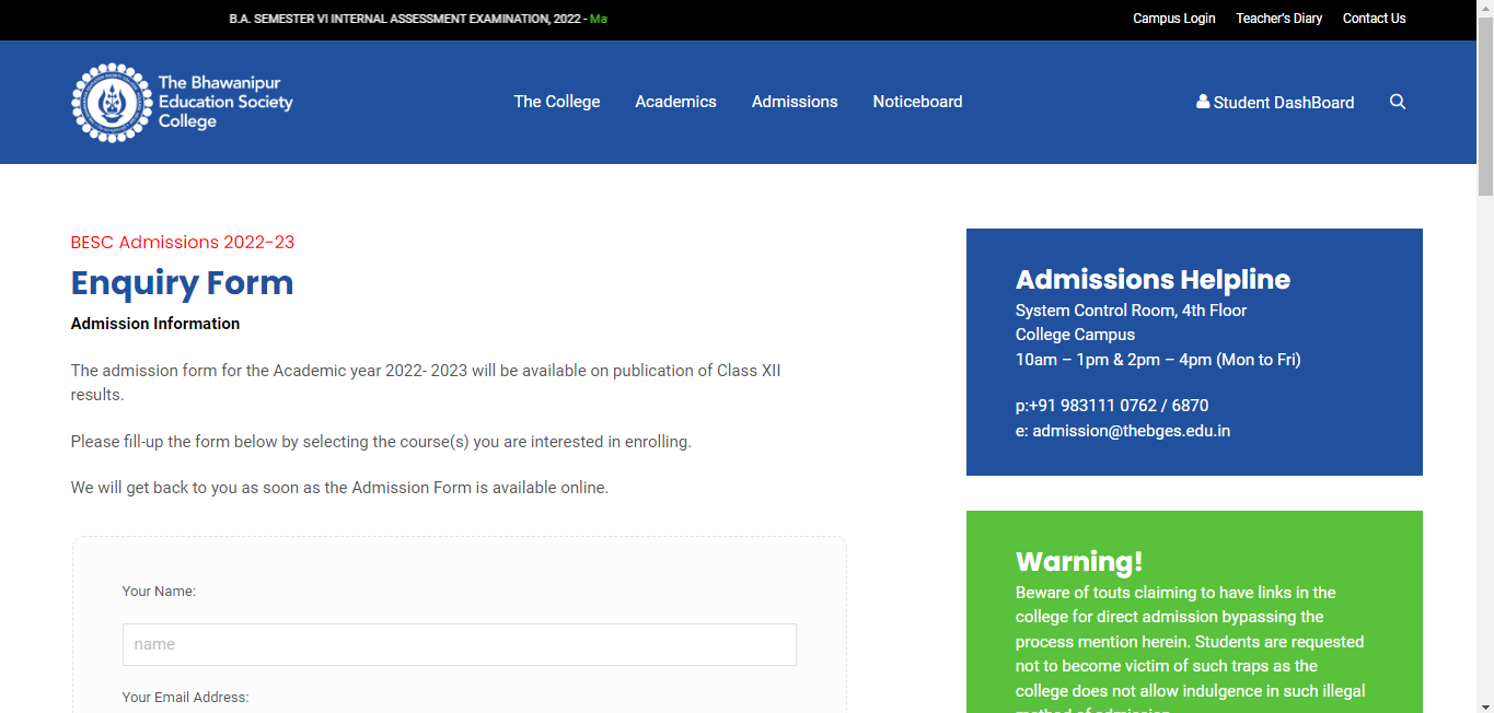 Bhawanipur College Admission Form 2022-23